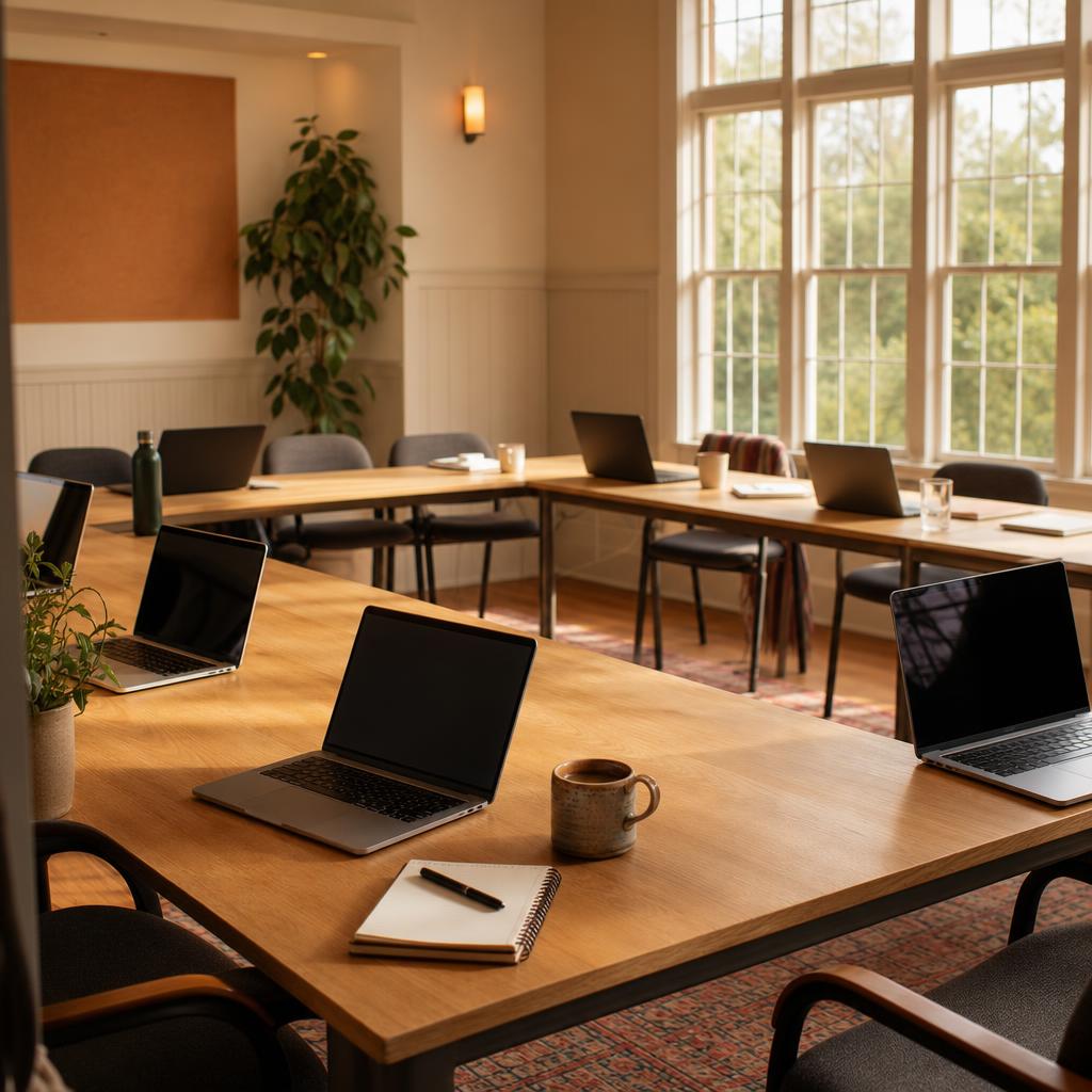 Bright community meeting room set up for a hands-on AI workshop